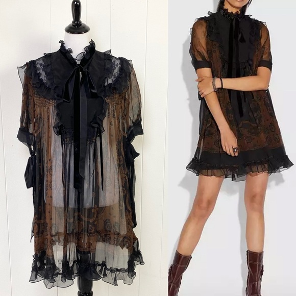 COACH 100% Silk Bandana Mini Dress Black/Brown Ruffle Size 12 NWT Missing Liner - Picture 1 of 16